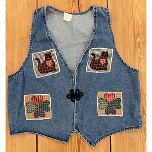 Handmade Denim Vest Women Embellished Patchwork Clover Cat Size M/L Cottagecore